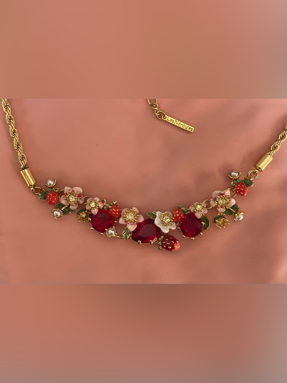 🍓Les Néréides Paris Strawberry Bee Floral Statement Necklace Rare